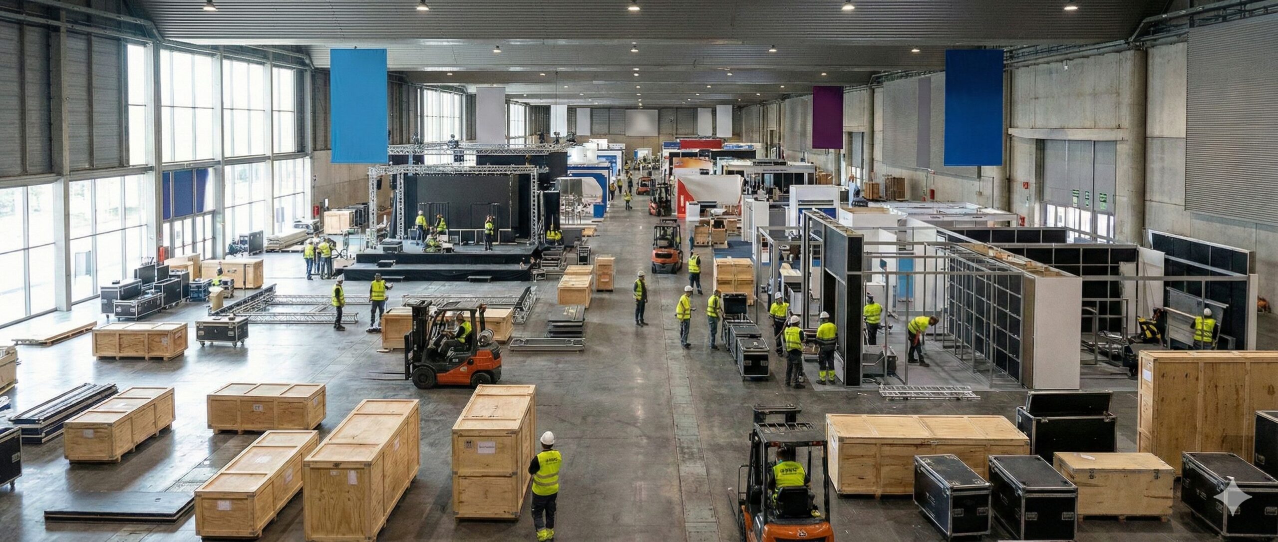 Logistics and stage setup at Fira Gran Via Hall 3 for MWC